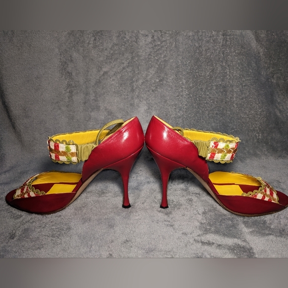 Manolo Blahnik Red and Yellow Strapped Heels - Picture 4 of 10